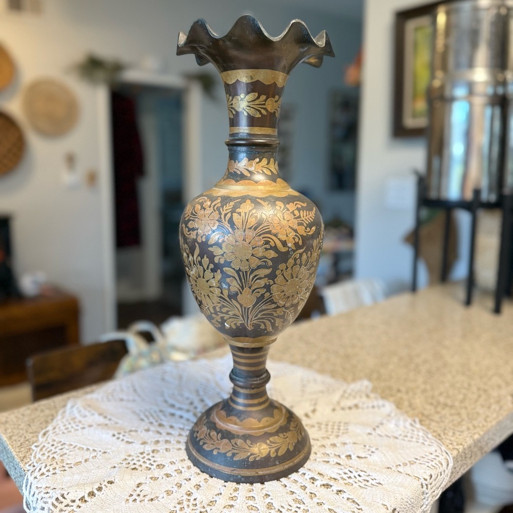 Vintage Brass Floral Etched Two Toned Vase
